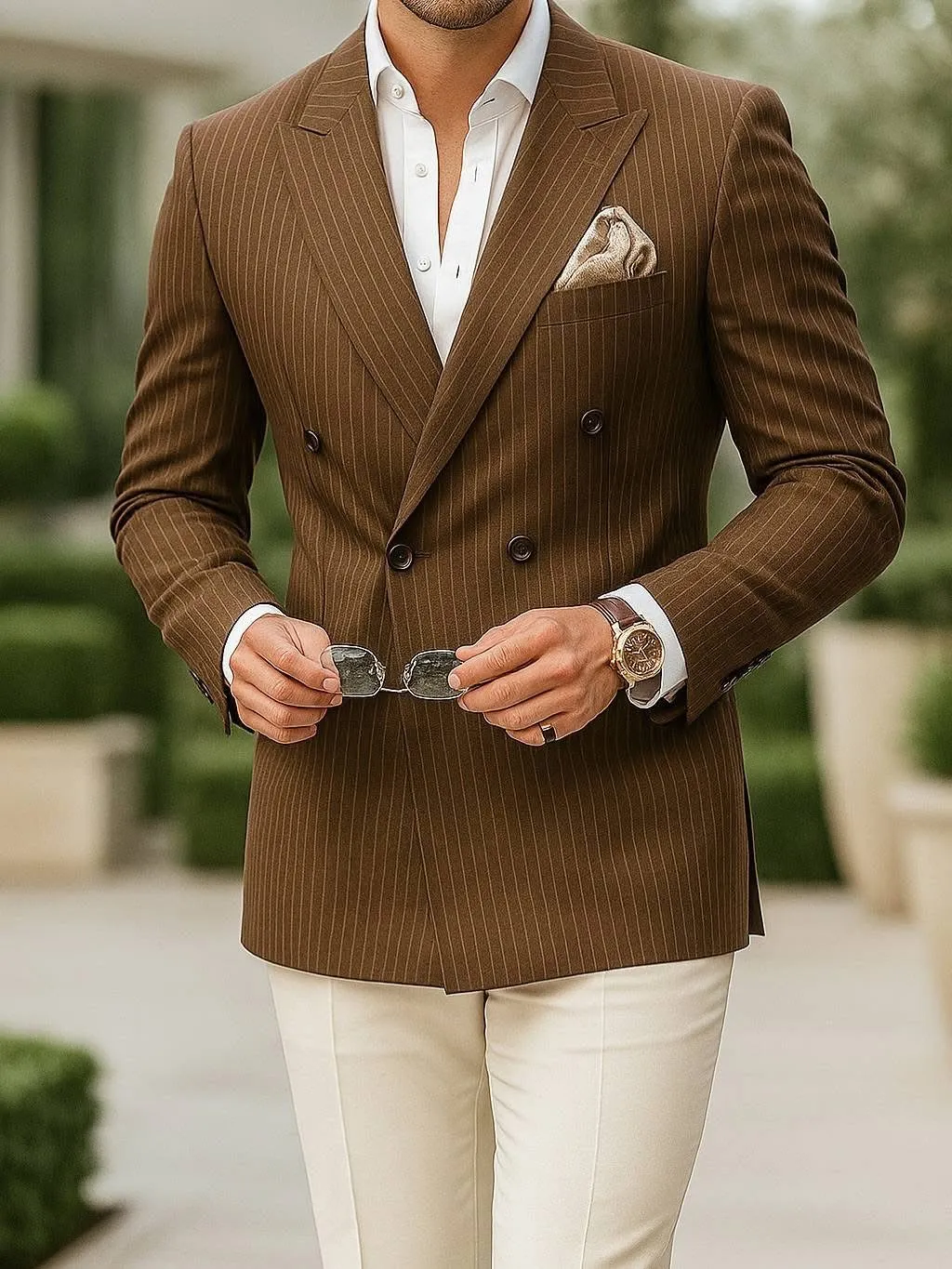 A double-breasted brown pinstripe suit with cream trousers — tailored business cut at Classic Suits.